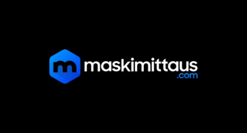Maskimittaus.com-logo mustalla taustalla, sininen kuusikulmio, jossa valkoinen "m"-kirjain, ja valkoinen teksti "maskimittaus.com".